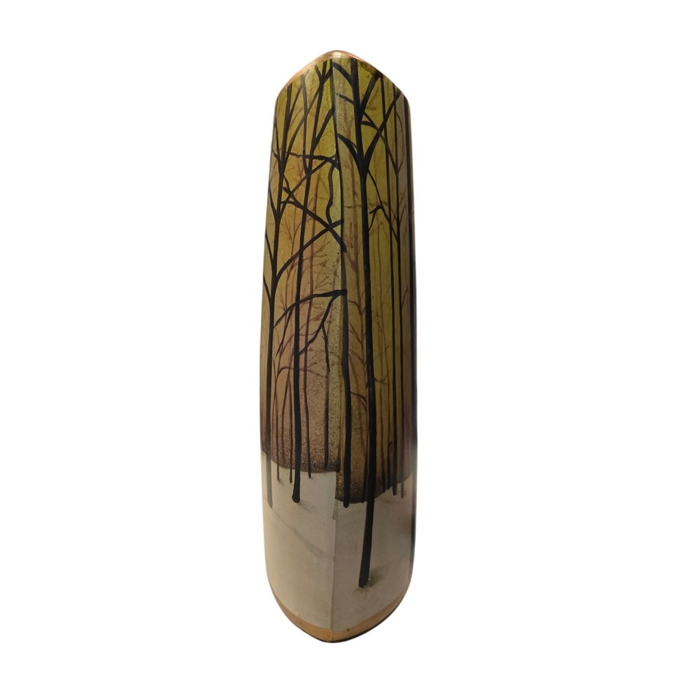 Modern Ceramic Winter Forest Tree Scene Boat Shaped Vase Gold Rim 11 Inch - Picture 4 of 9